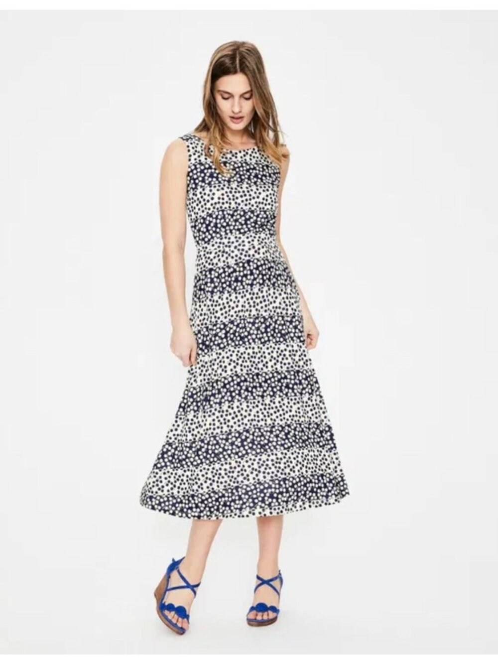 Boden Rosamund Jersey Dress Navy Blue White Floral Midi Sleeveless 10 Reg
